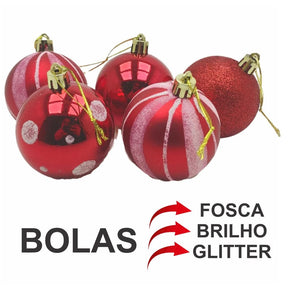 Kit 30 Bolas Enfeite de Natal Gliter Decoração Vermelho